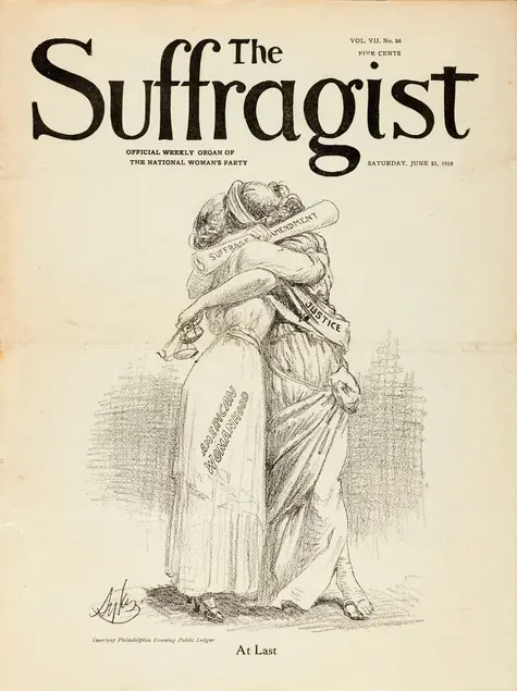 Charles H. Sykes (1882-1942), At Last, in The Suffragist, June 21, 1919. National Woman’s Party, Washington, D.C. 13 1/2 x 10 1/4 in. The Huntington Library, Art Collections, and Botanical Gardens.