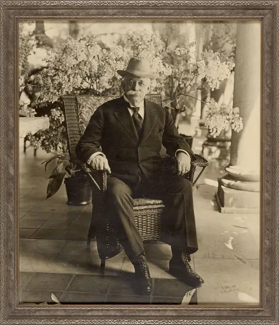 George R. Watson, Portrait of Henry E. Huntington on Loggia of San Marino Residence, April 1919; printed 1927. Gelatin silver print, 22 x 18 3/4 in. The Huntington Library, Art Collections, and Botanical Gardens.