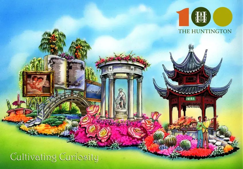 Artist’s rendering of The Huntington's 2020 entry in the Rose Parade®,  designed by Phoenix Decorating Company. The float celebrates The Huntington’s 100th anniversary  and is part of a yearlong Centennial Celebration running from Sept. 2019 through Sept. 2020.
