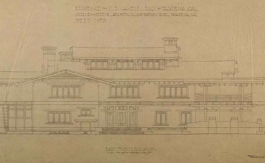 East (front) elevation of the Gamble House