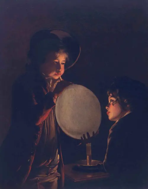 Joseph Wright of Derby (1732-1797), Two Boys by Candlelight, Blowing a Bladder, ca. 1767-1773. Oil on canvas, 36 x 28 3/8 in. The Huntington Library, Art Museum, and Botanical Gardens.