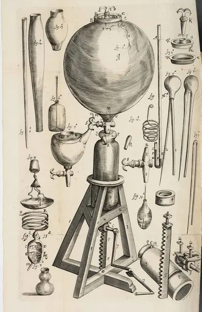 Illustration. From Robert Boyle (1627-1691), New experiments physico-mechanical, touching the spring of the air and its effects [2nd edition], 1662. Printed book. The Huntington Library, Art Museum, and Botanical Gardens.