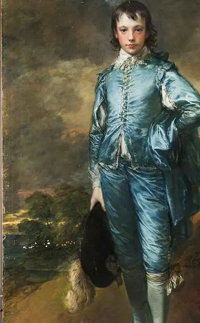 Detail view of The Blue Boy shown with visible damages. The Huntington Library, Art Museum, and Botanical Gardens. 