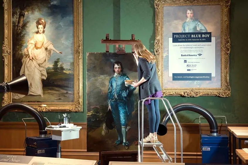 Paintings conservator Christina O'Connell uses tiny brushes to reconnect Gainsborough's brushstrokes across the voids of past damages during restoration of The Blue Boy.