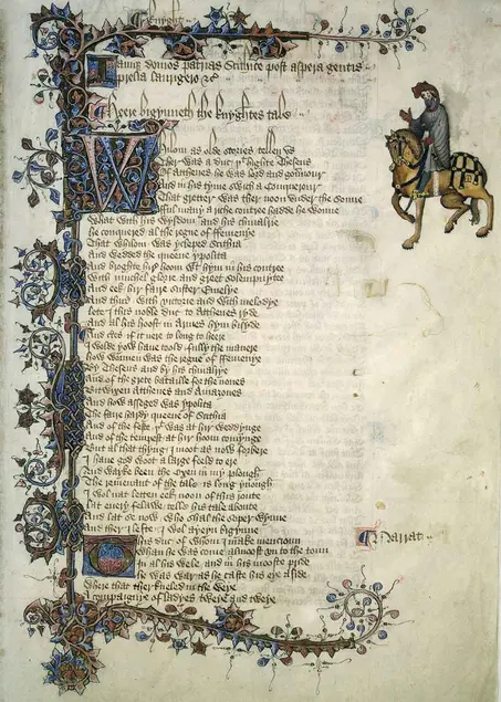 The Ellesmere Manuscript of Geoffrey Chaucer's The Canterbury Tales, circa 1410. Shown is the introduction to "The Knight's Tale." The Huntington Library, Art Museum, and Botanical Gardens.