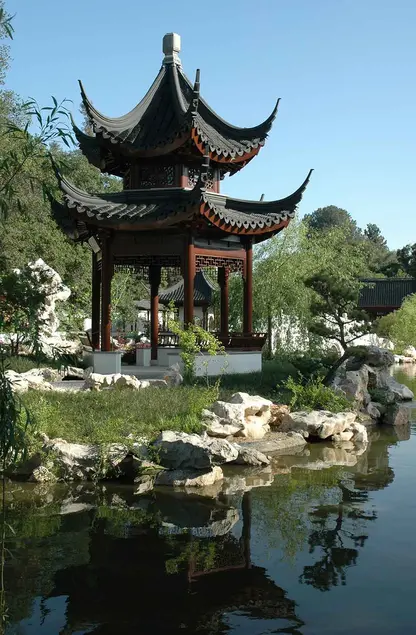 The Huntington's Chinese garden, named the Garden of Flowing Fragrance, Liu Fang Yuan, features a complex of tile-roofed pavilions situated around a large lake and showcases many plants native to China. Pictured: The Pavilion of the Three Friends. The Huntington Library, Art Museum, and Botanical Gardens.