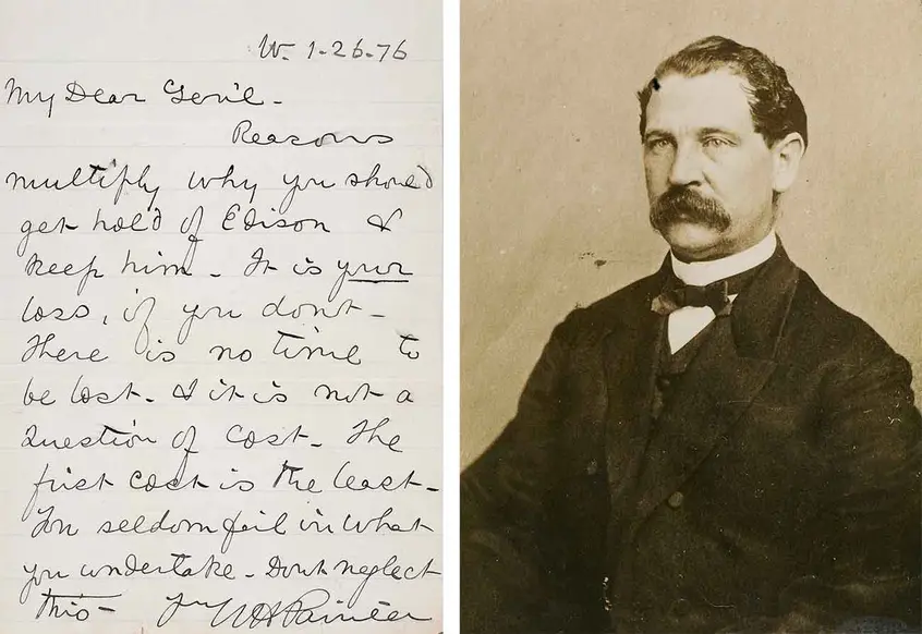 Left: “…get hold of Edison & keep him,” urged a promoter of Thomas Edison’s quadruplex telegraph to Thomas Eckert, president of the Atlantic and Pacific Telegraph Co., in 1876. Thomas T. Eckert Papers. Right: Thomas T. Eckert, circa 1862. The Huntington Library, Art Museum, and Botanical Gardens