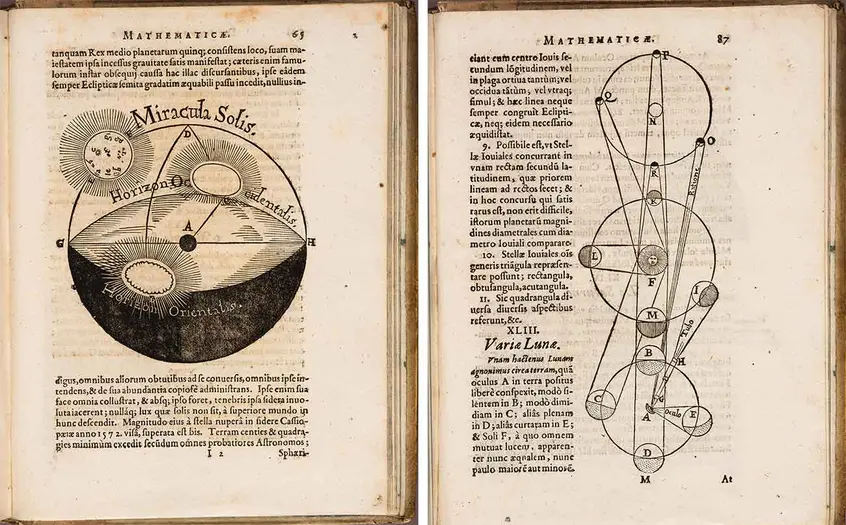 Two bound volumes by Christoph Scheiner: Disquisitiones mathematicae, de controversiis et novitatibus astronomicis [Mathematical Investigations, on the controversies and novelties of astronomy], 1614; Exegeses fundamentiorum gnomonicorum quas in alma Ingolstadiensi Academia [Critical Investigation into a Sundial from the Ingolstadt Academy], 1615. Huntington Library, Art Collections, and Botanical Gardens.