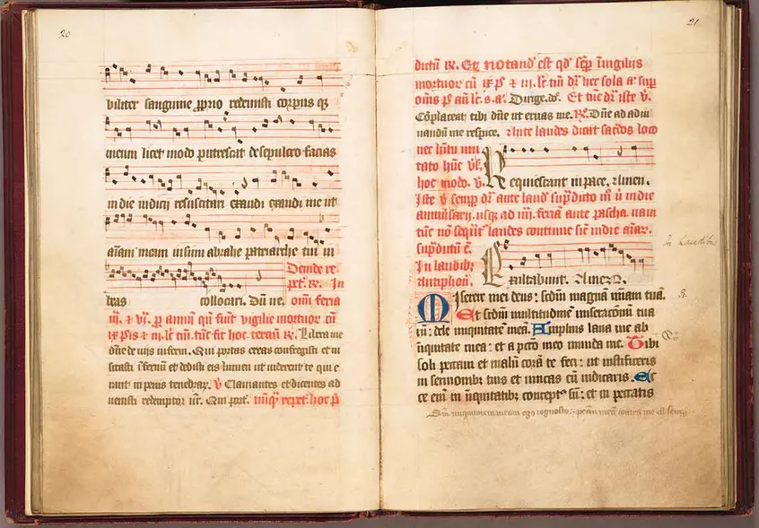 Sarum Manual (England), 120 pages, in Latin, first half of 15th century. The illuminated manuscript includes 63 passages of Gregorian chant in musical notation. Huntington Library, Art Collections, and Botanical Gardens.