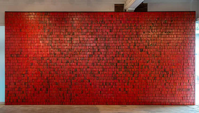 Doyle Lane, Mutual Savings and Loan Mural, 1964, clay, 18 × 18 ft, as installed at Reform Gallery, Los Angeles, 2014. The Huntington Library, Art Collections, and Botanical Gardens. Photo: Joshua White.