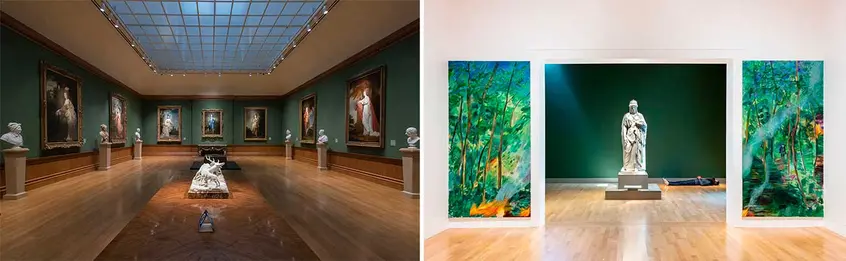 Left: Installation view of The Blue Boy in The Huntington Art Gallery. Photo: John Sullivan. The Huntington Library, Art Museum, and Botanical Gardens. Right: "Made in L.A. 2020: a version". Installation view at The Huntington Library, Art Museum, and Botanical Gardens, San Marino. Photo: Joshua White / JWPictures.com, courtesy of François Ghebaly, Los Angeles.