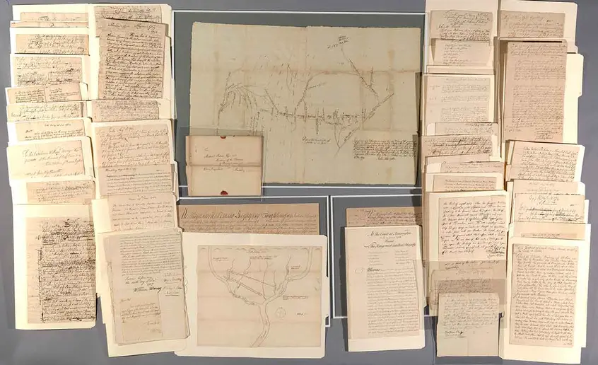 Documents of the Walking Purchase and the Councils of Easton, 75 manuscripts, including two manuscript maps, 1685–1762. The Huntington Library, Art Museum, and Botanical Gardens.