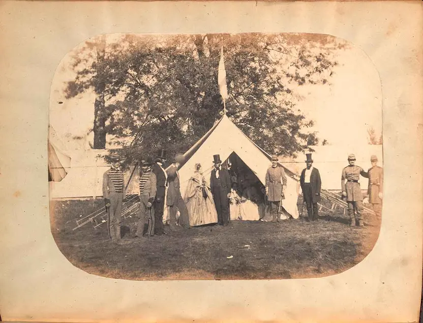 A salt paper print in Sketches of Camp Boone. The First Encampment of the Kentucky State Guard. Garrett & Nickerson, photographers. Louisville, Kentucky: Published by G.T. Shaw, 1860. The Huntington Library, Art Museum, and Botanical Gardens.