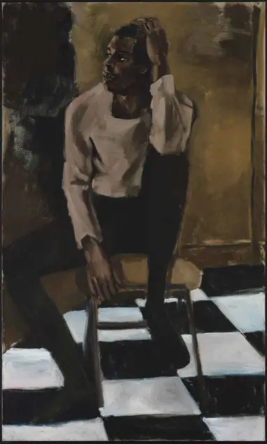 Lynette Yiadom-Boakye, Medicine at Playtime, 2017, oil on linen, 79 x 48 in. Museum of Contemporary Art, Los Angeles. Purchased with funds provided by the Acquisition and Collection Committee. © Lynette Yiadom-Boakye. Image courtesy of the artist, Jack Shainman Gallery, New York and Corvi-Mora, London. 