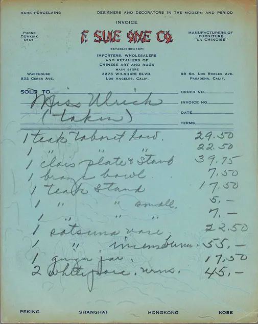 F. Suie One Co. receipt. Undated. The Huntington Library, Art Museum, and Botanical Gardens.