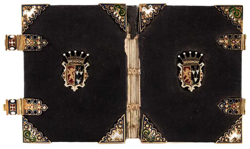 Crypto-Catholic Shrewsbury miniature prayer book (c. 1590) manuscript in ink on parchment, 26 leaves, bound in black silk velvet and gold champlevé decorative embellishment. The cover measures 4 x 2 in. The Huntington Library, Art Collections, and Botanical Gardens.