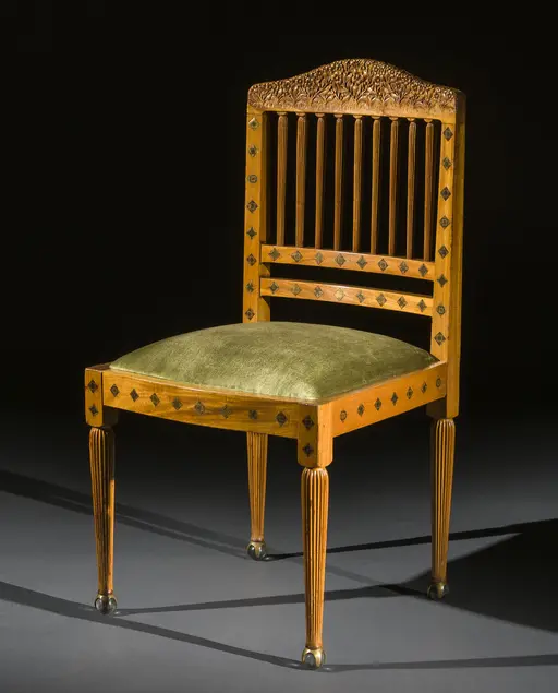 Louis Comfort Tiffany (1848-1933), Side Chair, ca. 1891–93. Primavera and American ash, varicolored wood and metal micro-mosaic marquetry, glass balls in brass claw feet, 35 1/4 x 18 1/4 x 18 1/2 in. The Huntington Library, Art Collections, and Botanical Gardens.