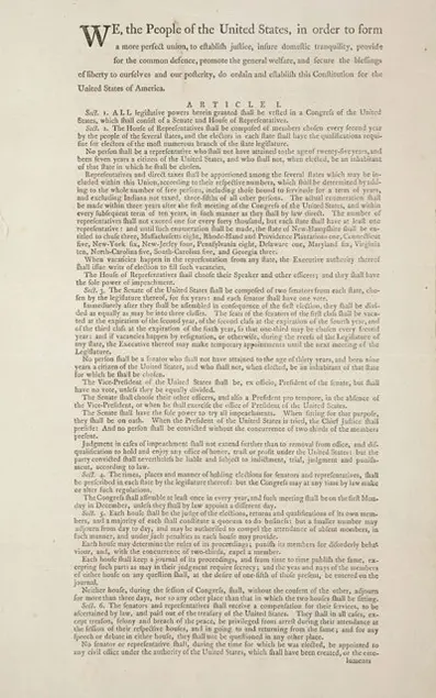 Members' copy of the U.S. Constitution, printed by the Constitutional Convention for members of Congress, 1787