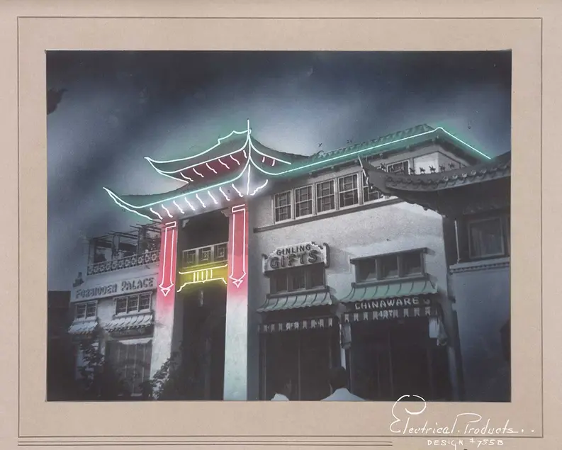 Electrical Products Corp. (artist unknown), Neon lighting concept for New Chinatown, ca. 1936. © Courtesy of Federal Heath Sign Co., LLC. The Huntington Library, Art Museum, and Botanical Gardens