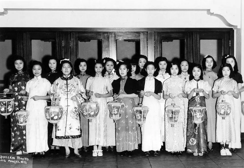 Young women in traditional Chinese dress with lanterns at Moon Festival celebration, 1940. Los Angeles Public Library, Harry Quillen Photo Collection.