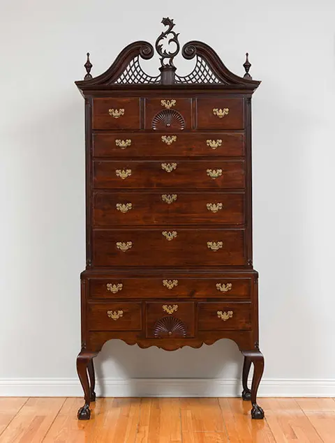 Chippendale Carved Cherry Wood Bonnet‑Top Highboy