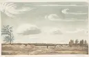 A painting of an open plain with whisps of clouds above.