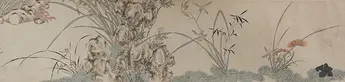 Drawing of orchids, bamboo, fungus, and rocks.