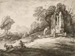 Thomas Gainsborough (British, 1727-1788), Wooded Landscape with Peasant Reading a Tombstone, Rustic Lovers and a Ruined Church, 1779-80. Soft-ground etching, 2nd state. The Huntington Library, Art Collections, and Botanical Gardens, gift of Norman Baker of Evans, Pierson & Co.