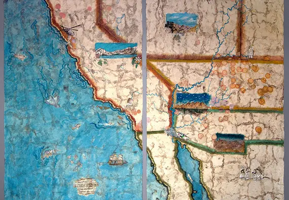 A watercolor map of the Southwestern U.S. and Northwest Mexico.