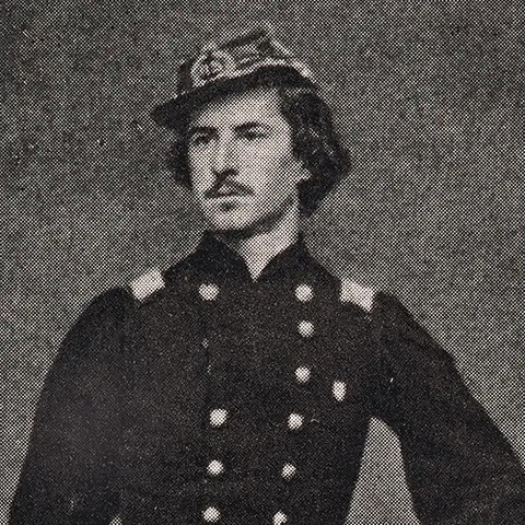 Colonel Ephraim Elmer Ellsworth standing alongside his sword dressed in his Union uniform.