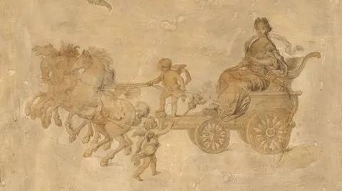 A woman on a horse-drawn open carriage with the assistance of cherubs.