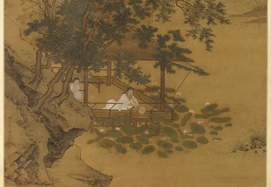 Ink and colors on a brown silk scroll, depicting a rock formation with a waterfall and a pavilion overlooking a pond of lotus leaves and flowers.
