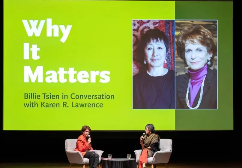 Karen R. Lawrence and Billie Tsien in conversation on a stage.
