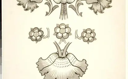 A separation drawing of four blossoms, including small daisies and carnations.