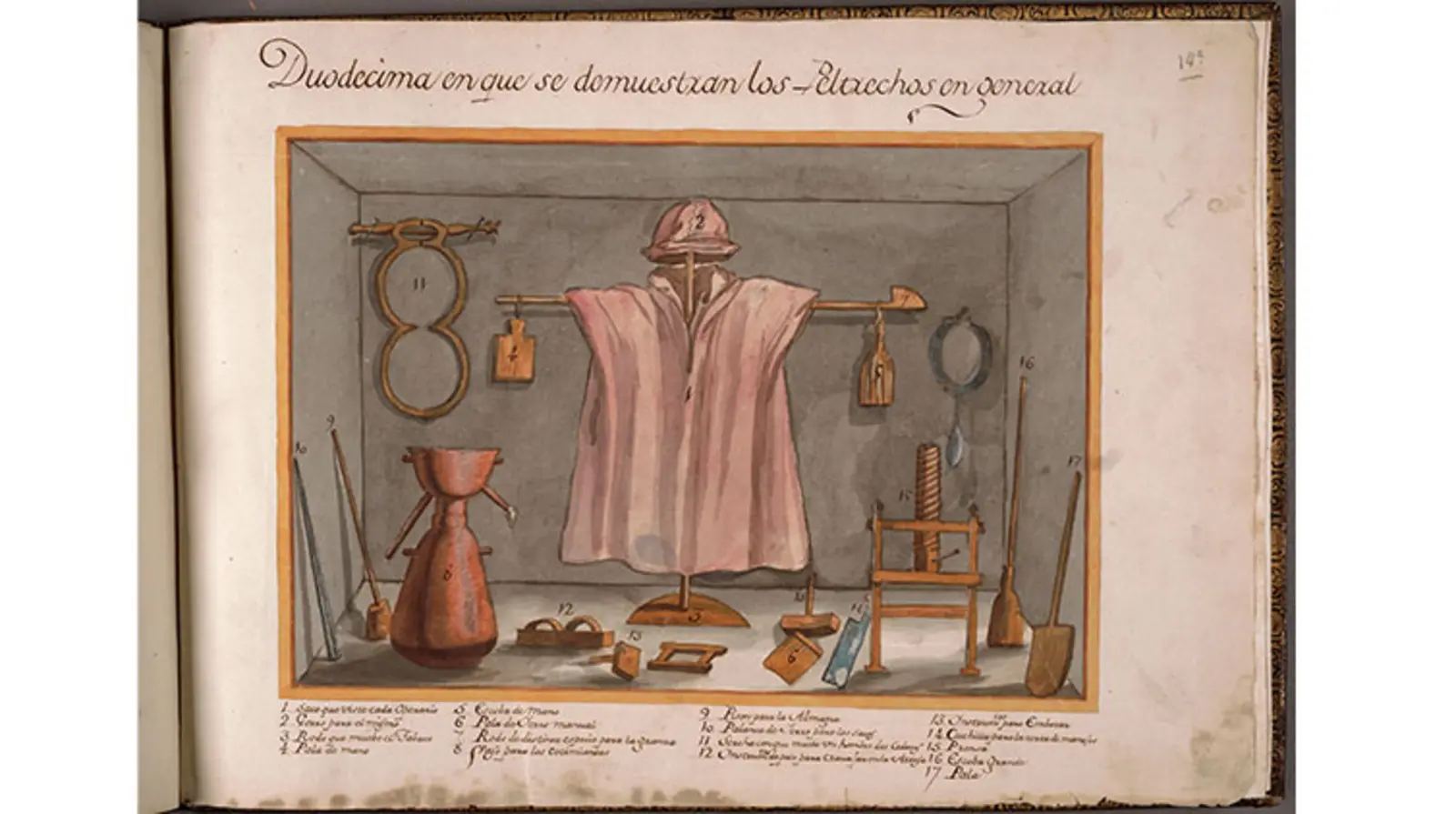 Rose-colored hat and robe with tobacco factory tools. Each tool is labeled at the bottom.