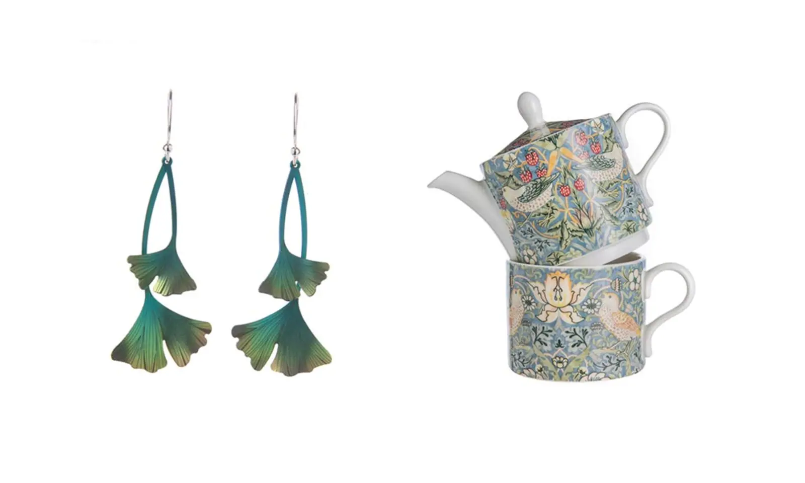Green iridescent Ginkgo leaf earrings, and a stackable tea set for one with mug and tea-pot.