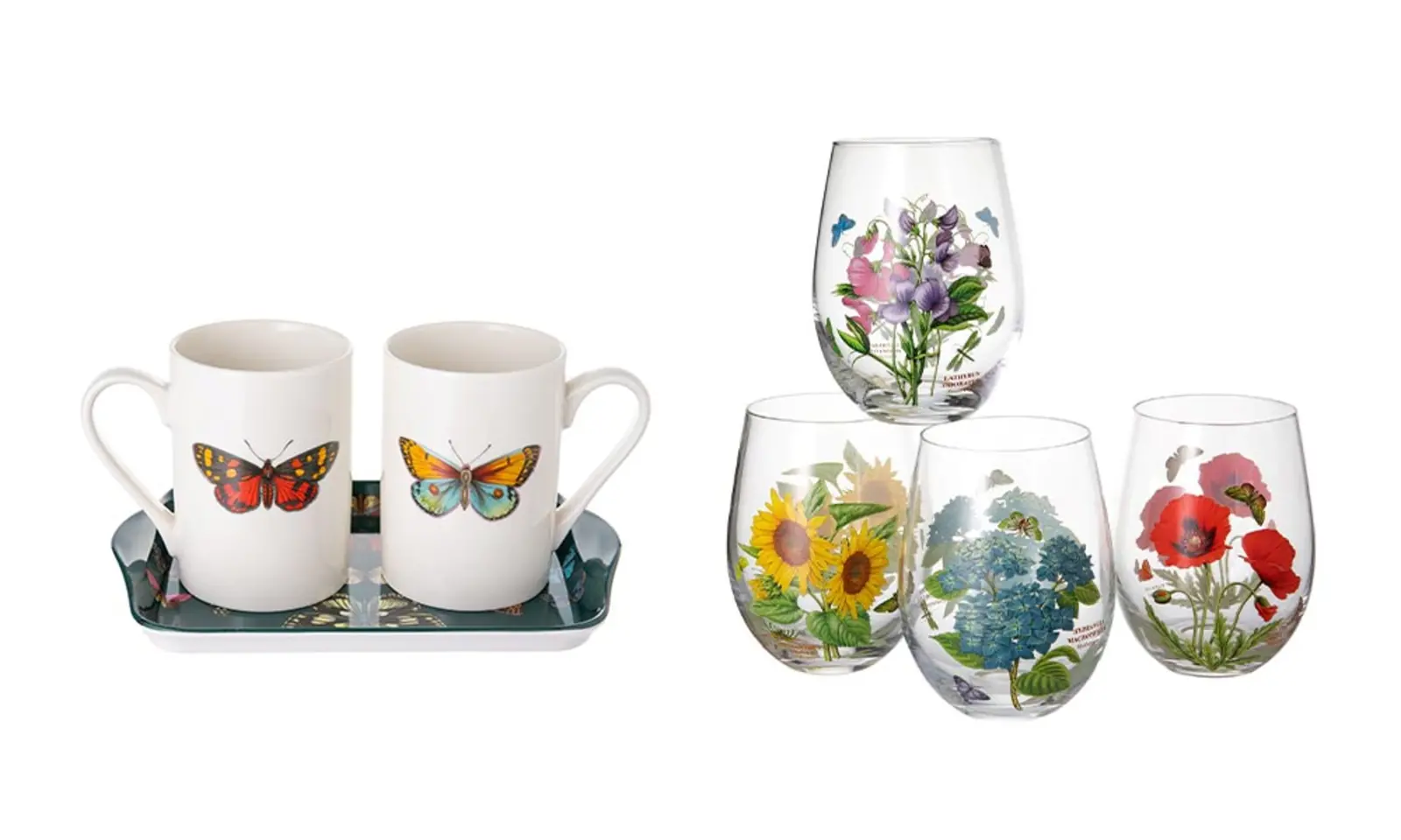 Two sets of drinking mugs and wine glasses with botanical motifs.
