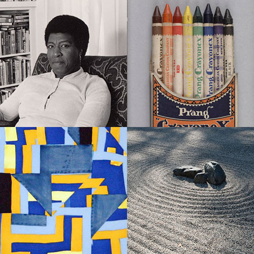 From left to right: Octavia Butler, vintage Crayons, Gee's Bend quilt, rock in zen garden