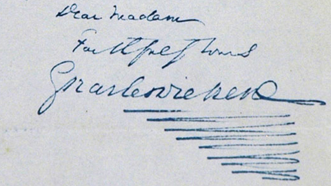 Charles Dickens' signature on view at The Huntington. Charles Dickens' signature on view at The Huntington.
