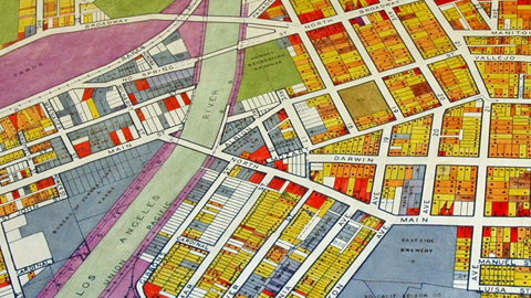 A close-up view shows color-coded parcels of land in the area northeast of downtown, where Broadway crosses the Los Angeles River. A close-up view shows color-coded parcels of land in the area northeast of downtown, where Broadway crosses the Los Angeles River.