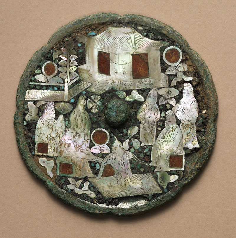 Eight-Lobed Mirror Inlaid with Mother-of-Pearl, Turquoise, and Amber Showing Scene of Musicians and Foreign Dancer Eight-Lobed Mirror Inlaid with Mother-of-Pearl, Turquoise, and Amber Showing Scene of Musicians and Foreign Dancer
