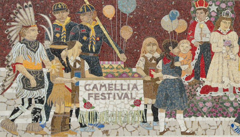 Detail from Denis O'Connor's mosaic for the Home Savings & Loan building (now Chase) in Temple City, Calif. Detail from Denis O'Connor's mosaic for the Home Savings & Loan building (now Chase) in Temple City, Calif.