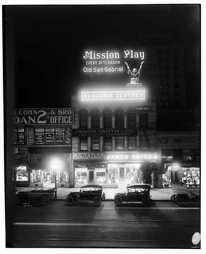 Street scene at night with illuminated sign advertising the “Mission Play” at the San Gabriel Mission. Photograph by G. Haven Bishop, April 12, 1915, from The Huntington’s Southern California Edison Archive. Street scene at night with illuminated sign advertising the “Mission Play” at the San Gabriel Mission. Photograph by G. Haven Bishop, April 12, 1915, from The Huntington’s Southern California Edison Archive.