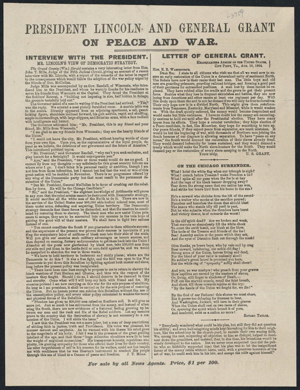 Printed leaftlet with Lincoln’s interview with John T. Mills. Library of Congress, Rare Book and Special Collections Division, Alfred Whital Stern Collection of Lincolniana.