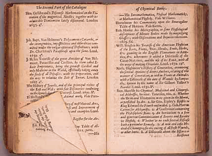 Copy of A Catalogue of Chymicall Books, by William Cooper (1675), from the personal library of Isaac Newton, who folded pages of interest in many of his books. Huntington Library, Art Collections, and Botanical Gardens.