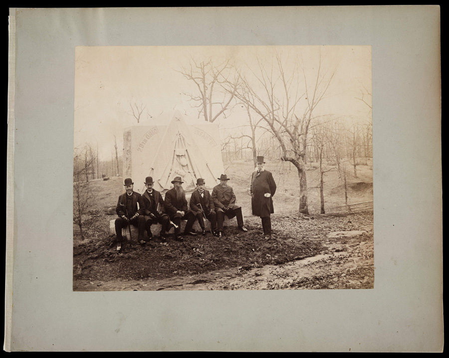 Veterans Posing with John B. Bachelder at the 29th Ohio Infantry Monument, Gettysburg (ca. 1887), unidentified photographer. Bachelder was instrumental in the preservation of Gettysburg as a National Monument. Huntington Library, Art Collections, and Botanical Gardens.