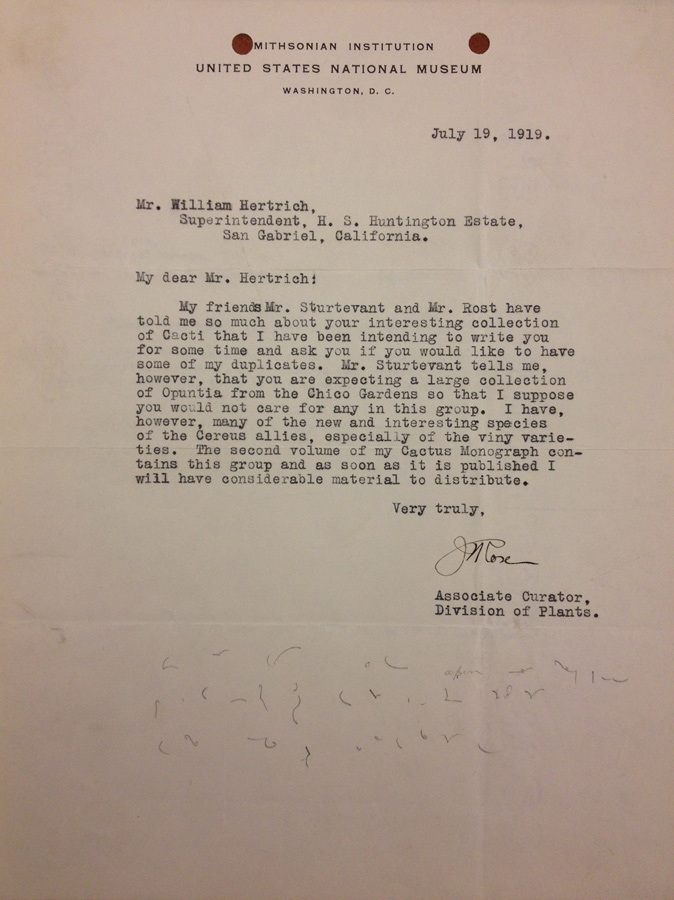 Rose’s paper trail includes correspondence with William Hertrich regarding his collection.