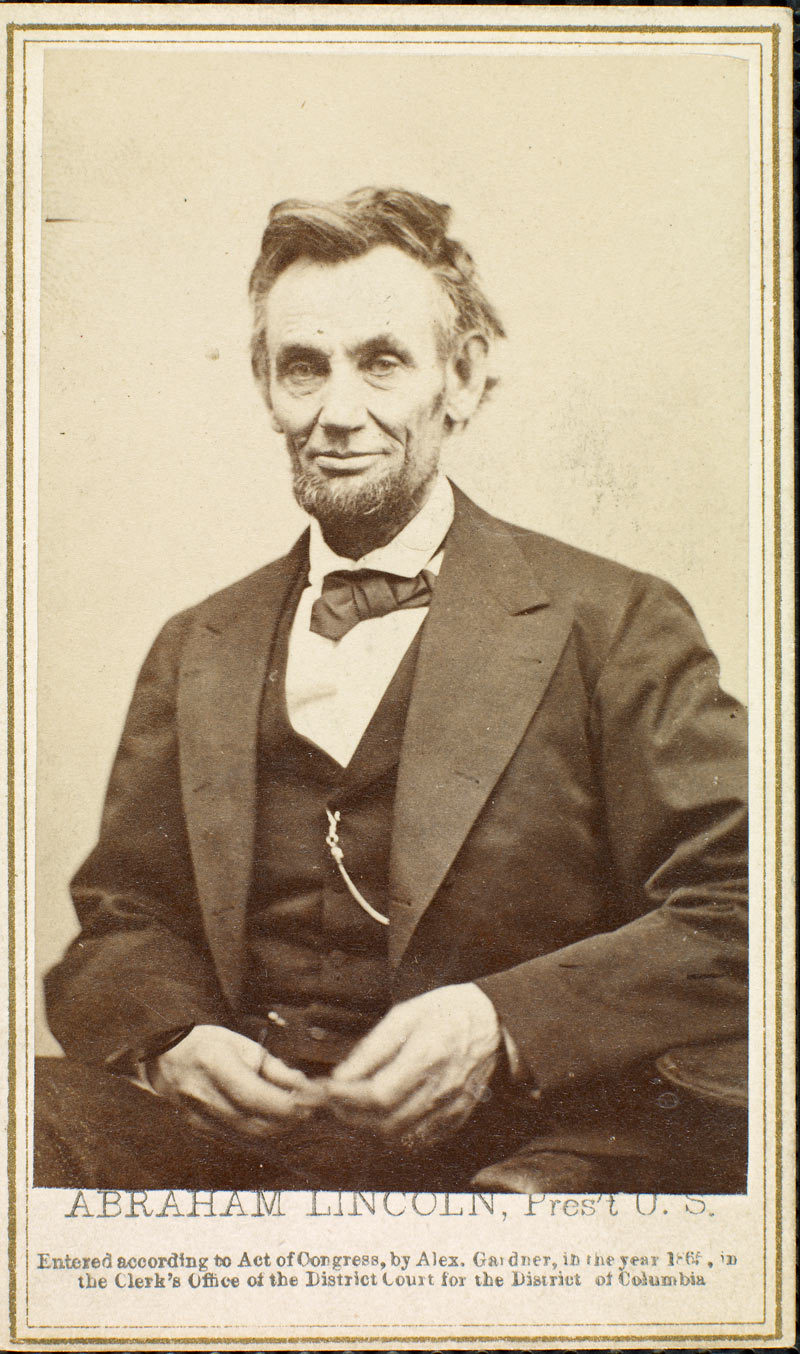 Portrait of Lincoln by Alexander Gardner (1821–1882), taken on April 10, 1865. This carte de visite photograph is on display.