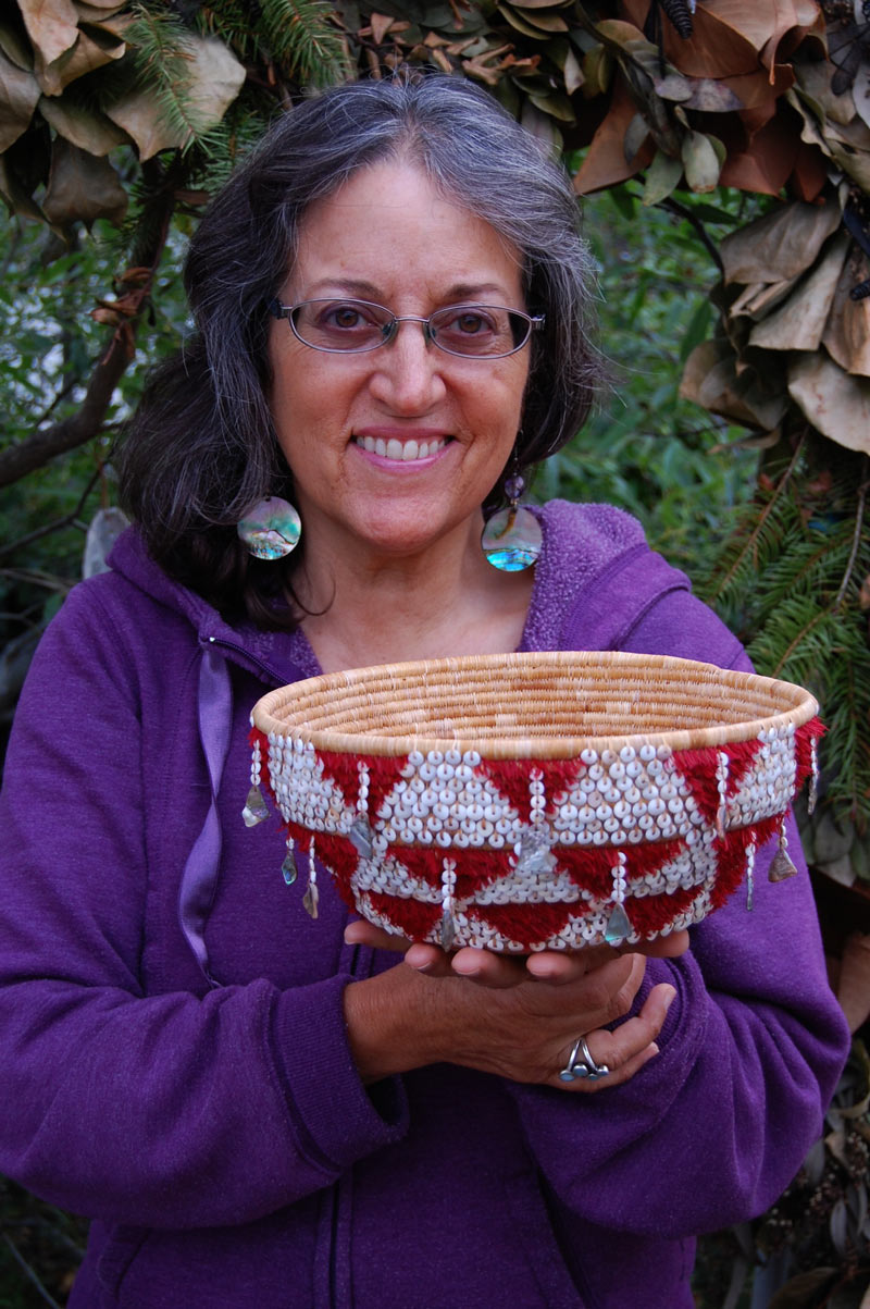Linda Yamane with her Ohlone ceremonial basket, 2012. Courtesy of the artist, supported by a grant from the Creative Work Fund.