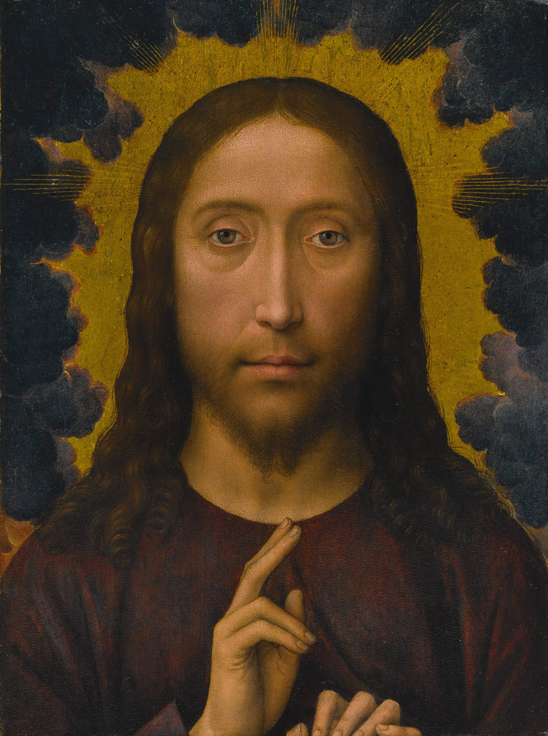 Hans Memling, Christ Blessing (ca. 1480–85), oil on Baltic oak panel. Lynda and Stewart Resnick Collection. Hans Memling, Christ Blessing (ca. 1480–85), oil on Baltic oak panel. Lynda and Stewart Resnick Collection.